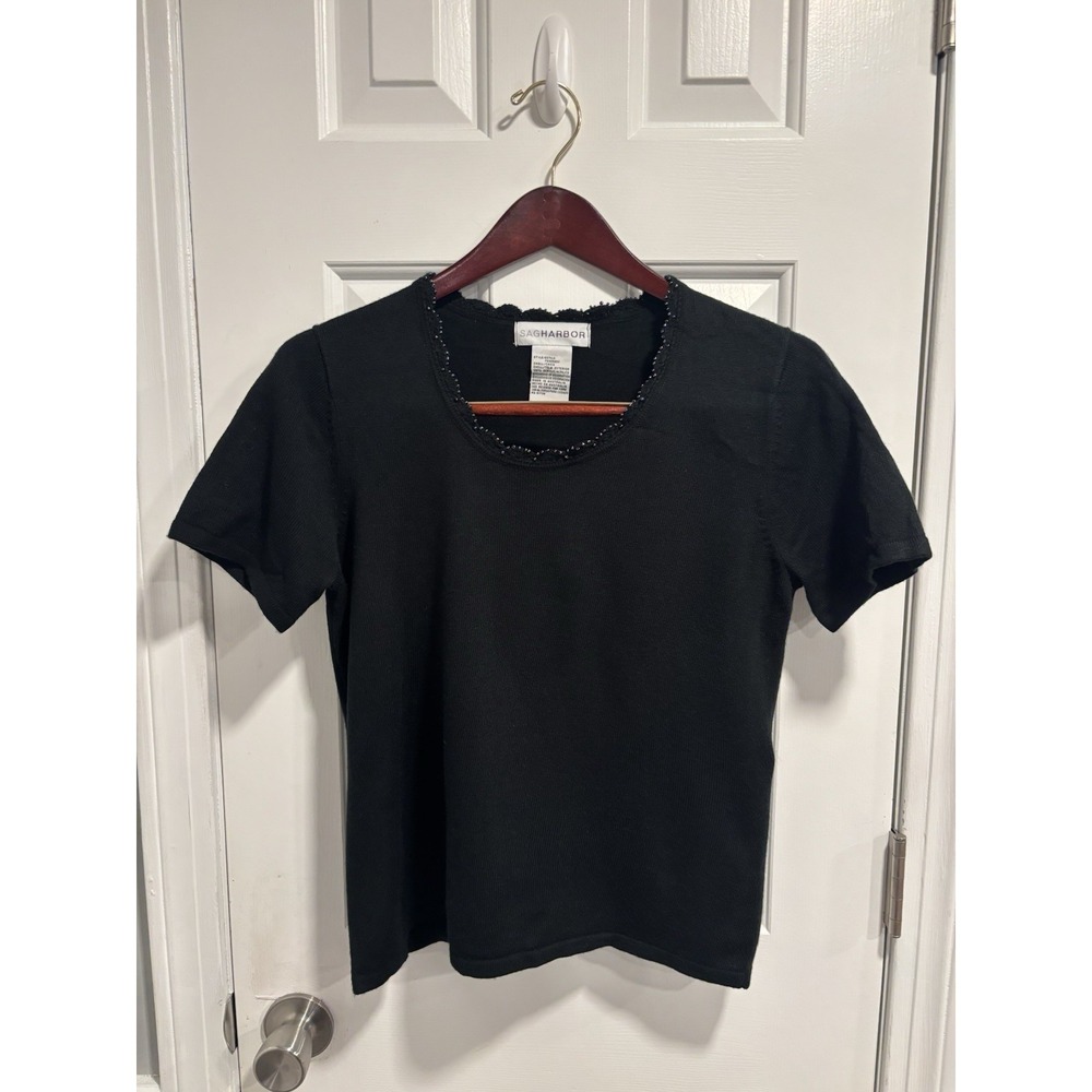 Sag Harbor Short‎ Sleeve Black Sweater with Beaded Neckline Sz Small